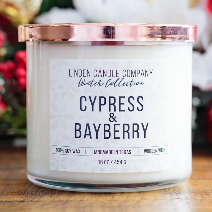Cypress & Bayberry 16oz Seasonal Soy Candle for wholesale by Linden Candle Company