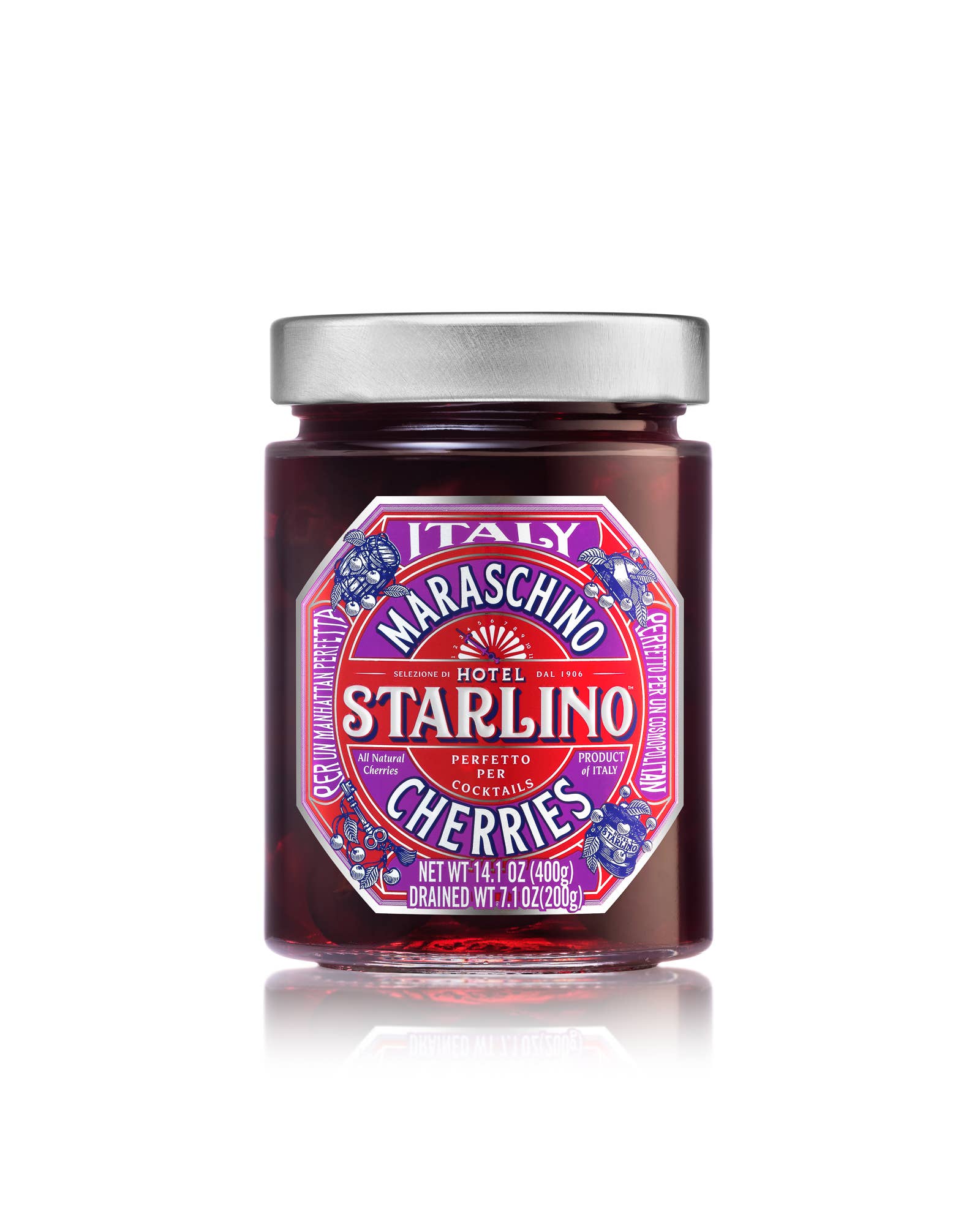 Hotel Starlino Italian Maraschino Cherries – Conservas de fruta por atacado – Cerejas Maraschino Italianas STARLINO - Frascos de 400 g