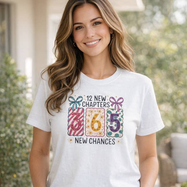 12 New Chapters, 365 New Chances Birthday & New Years Shirt for wholesale by Upside Down Owl Farm