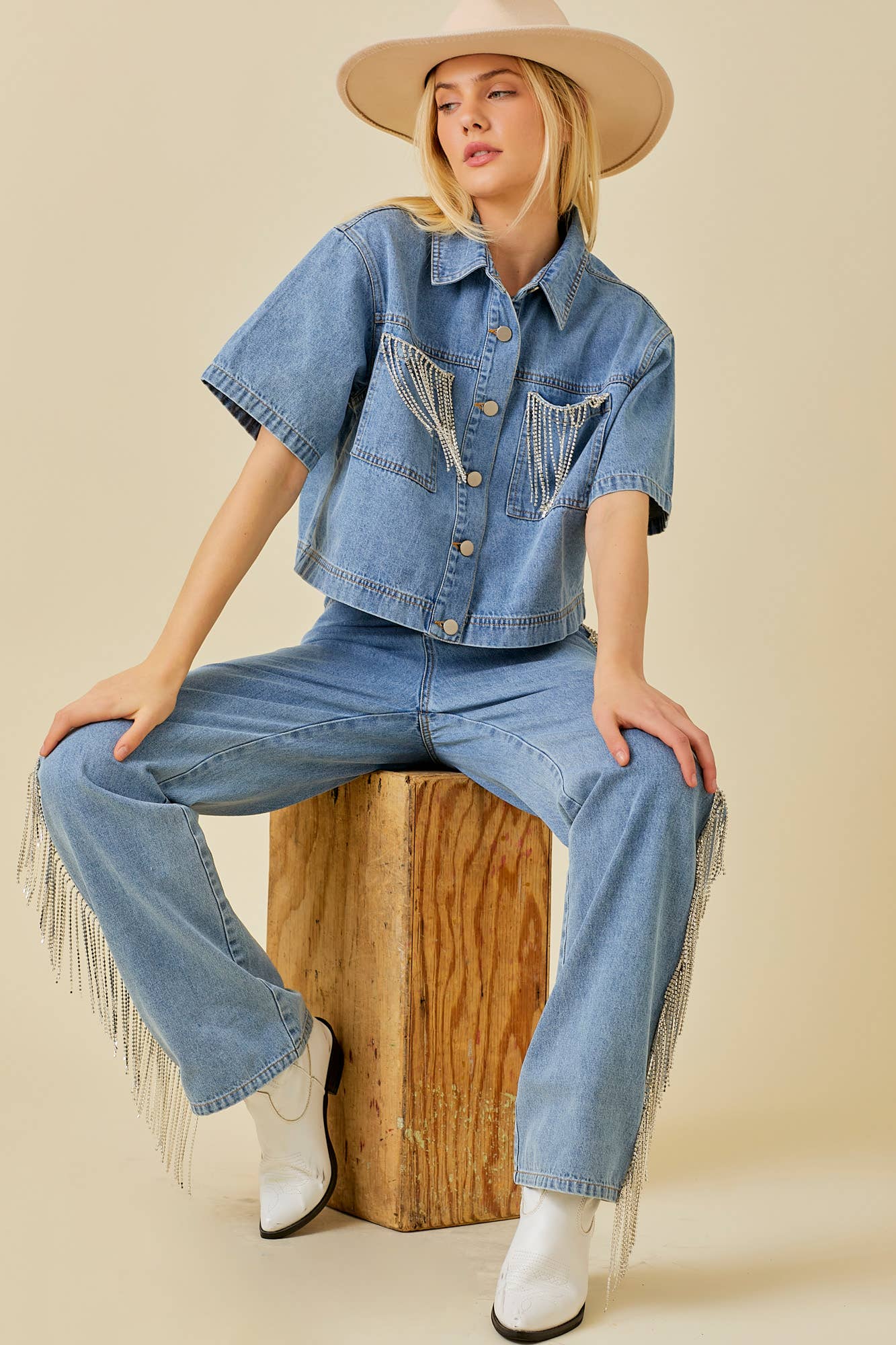 Side And Back Rhinestone Fringe Trim Denim Pants for wholesale on Faire12