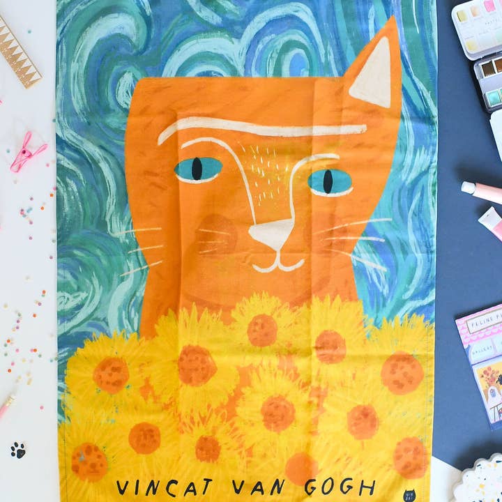 Vincat van Gogh Cat Tea Towel for wholesale by Niaski - Feline Fine Art (USA DUTIES PAID)