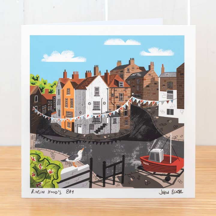 Robin Hood's Bay greetings card, blank inside for wholesale by John Bloor Printmaker