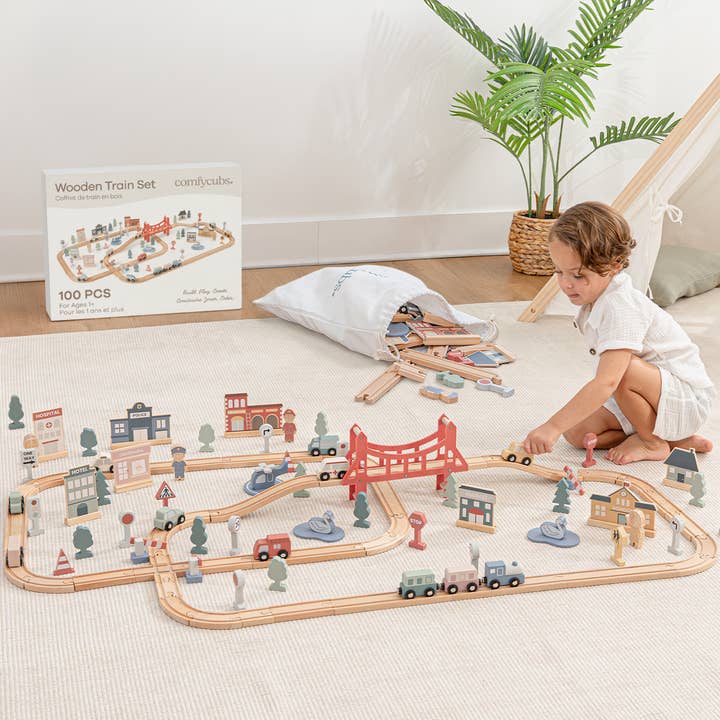 Set di Treno in Legno da 100 Pezzi per Bambini dai 1 Anno in su di Comfy Cubs per la vendita all'ingrosso da parte di Comfy Cubs