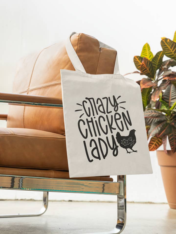 Crazy Chicken Lady bomullsväska för wholesale av MandaMade4u