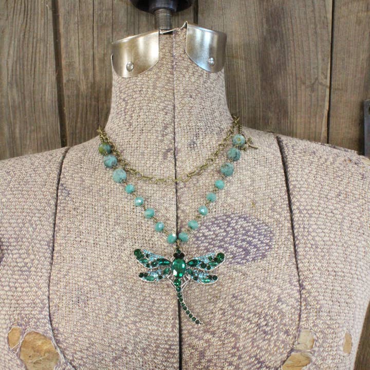 The Primitive Peddler, Inc. - Wholesale Pendant/Charm Necklace - Silent Whispers Dragonfly Bling Shades Of Green Layered Necklace