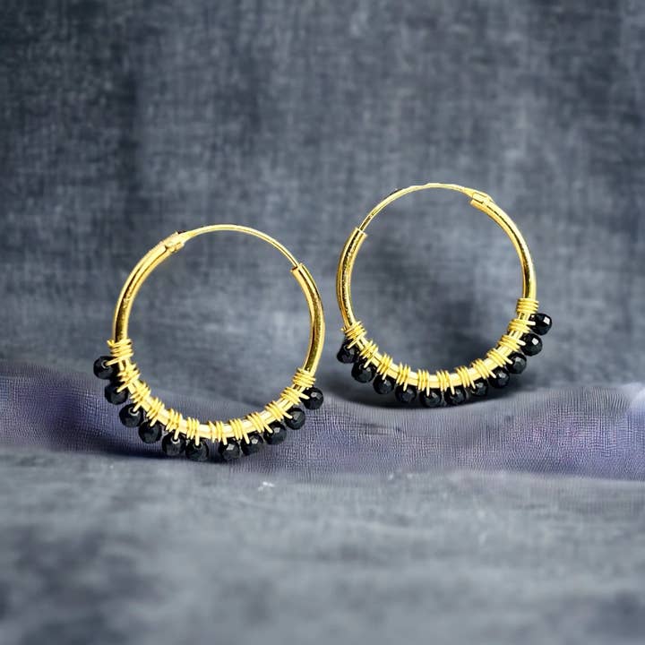 Gemstone Onyx Hoop Earrings - 925 Sterling Gold Plated for wholesale by MadamLili