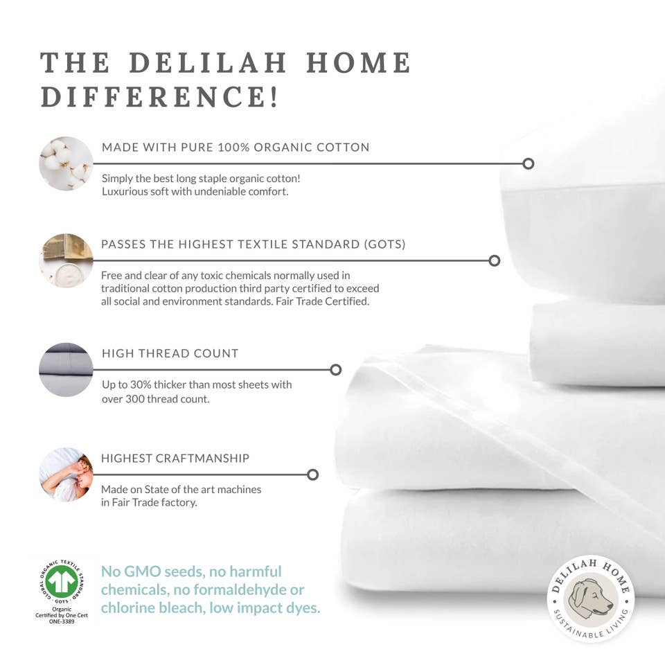 Delilah Home LLC - Wholesale Sheet Set - 100% Organic Cotton Bed Sheets – Queen 4 Piece Set | GOTS 5