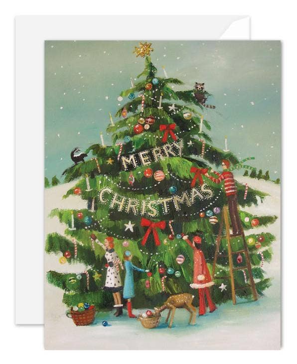 JANET HILL STUDIO - Wholesale Christmas Card - The Peppermint Family Trim The Tree. Blank Card1