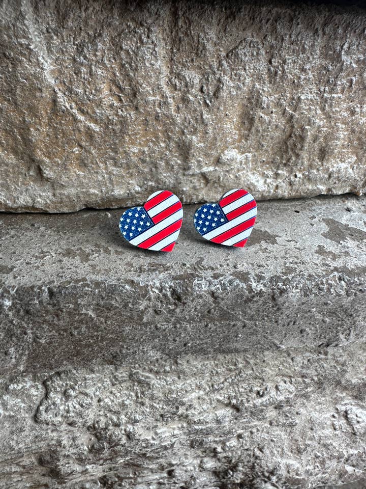 4th of July Earrings, USA Flag Heart Earrings for wholesale by Laser & Color Designs LLC