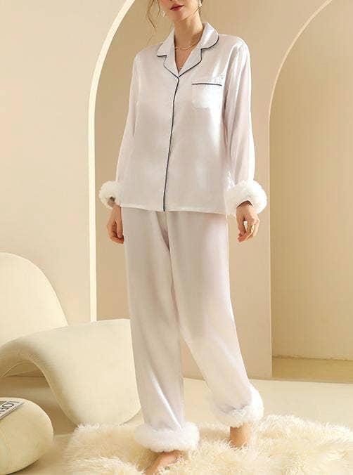 Rosa Clothing - Wholesale Lounge Set - Women's - Stain fur trim long-sleeved shirt pants loungewear set3