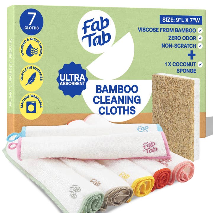 FabTab - Wholesale Cleaning Cloth - Bamboo Cleaning Cloths Medium 7 Pieces Plus Coconut Sponge7