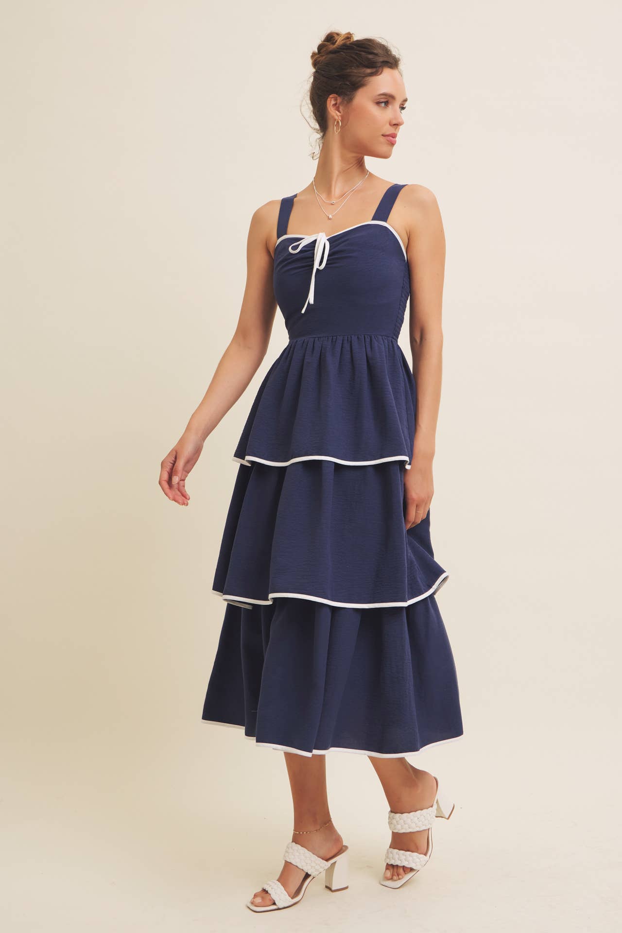 in february - Wholesale Dress - Women's - CONTRAST BINDING WITH BOW MIDI DRESS IN TIERED RUFFLES 16