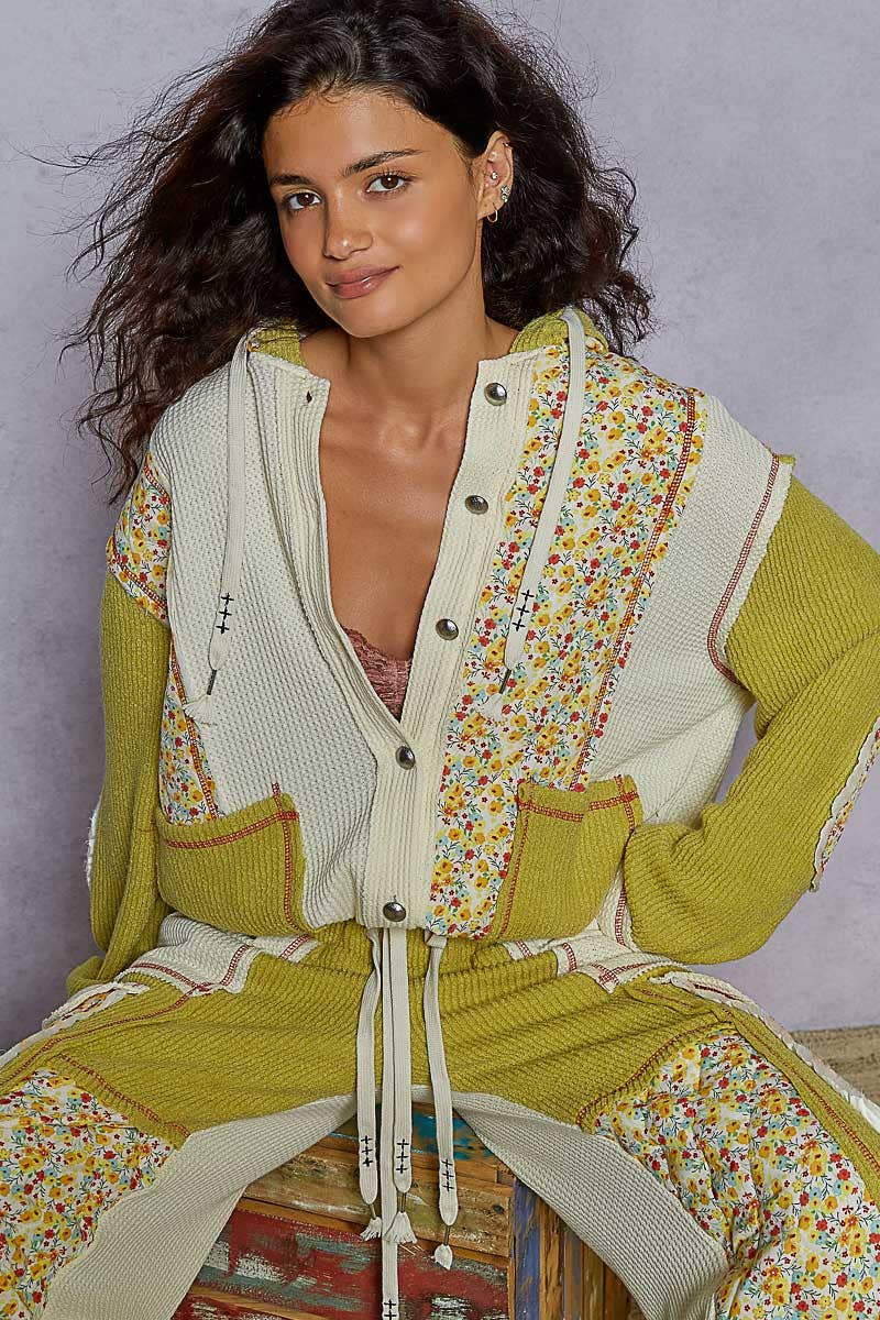 Pol Clothing - Wholesale Jacket - Women's - Balloon Sleeve Quilted Detail Floral Knit Hoodie Jacket SALE7