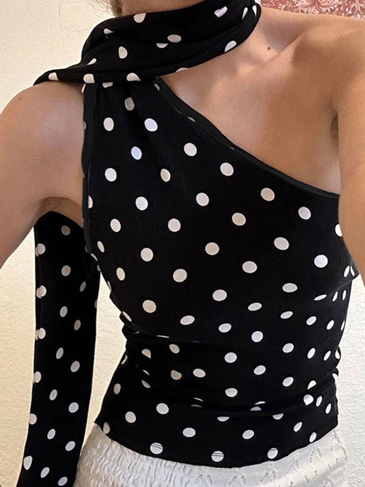 Mccolin - Wholesale Knit Top - Women's - Polka Dot One-Shoulder Top