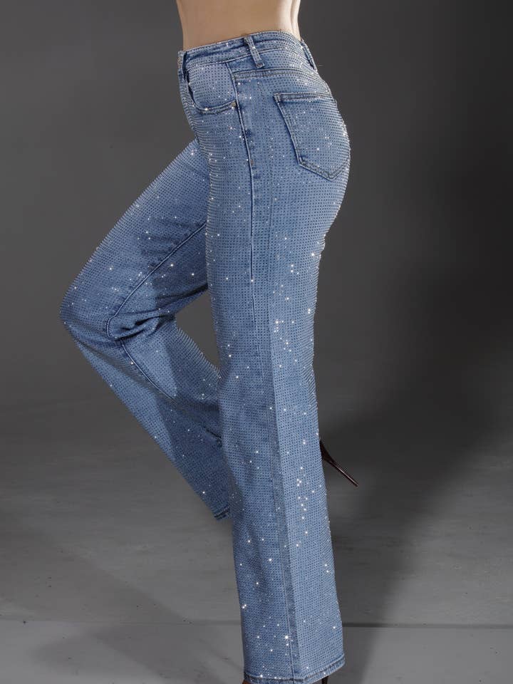 NR3611 light blue full stone embellished 5 pockets jeans for wholesale by Nina Rossi Jeans