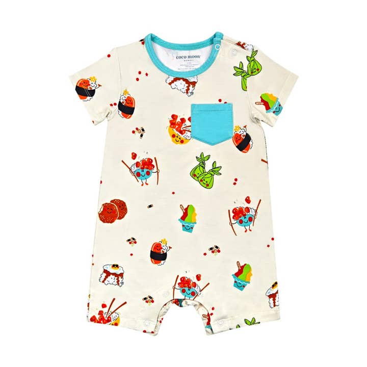 Ö Island Mixed Plate Shortie Bamboo Romper för wholesale av Coco Moon