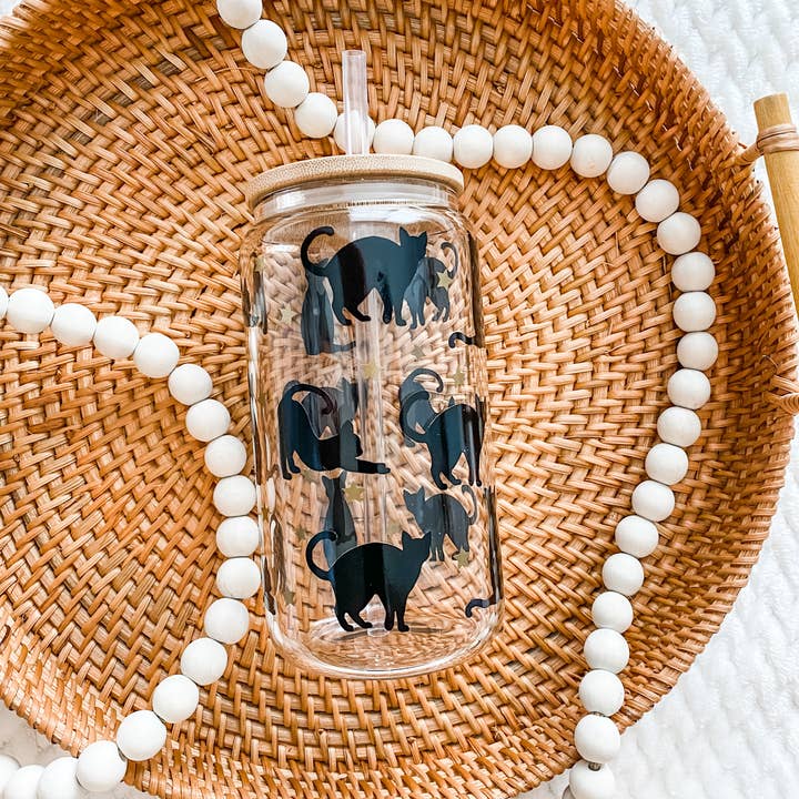 Glasdose aus transparentem Glas, Motiv: Schwarze Katze, 16 Unzen, Glasdosen zum Valentinstag für den Großhandel von From Us To You Co. Handmade Goods