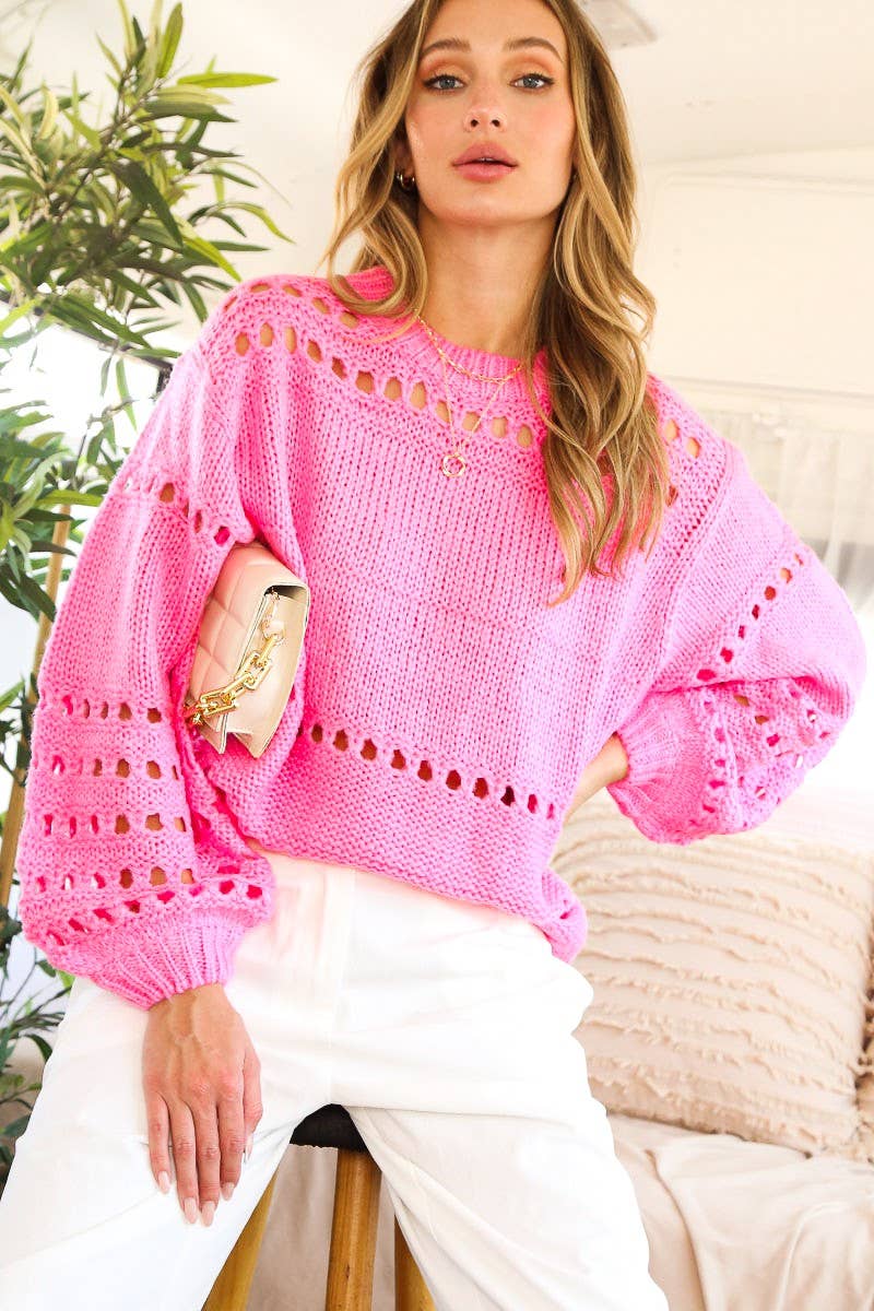 Vine & Love - Vente Pull en maille – femme - Pull en crochet à col rond et manches ballon en tricot ouvert VT517039