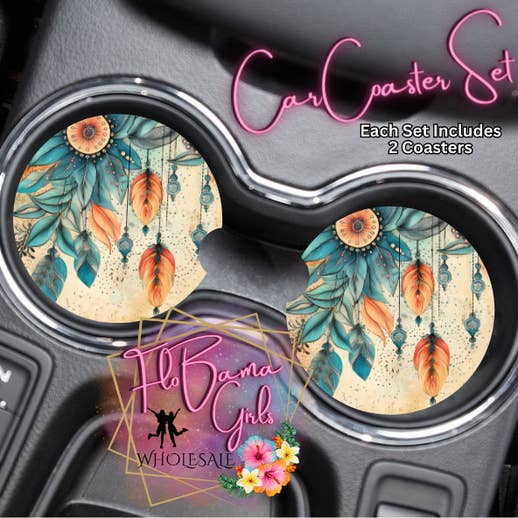 Car Coaster Set - Boho Floral & Feather for wholesale by FloBama Girls Wholesale