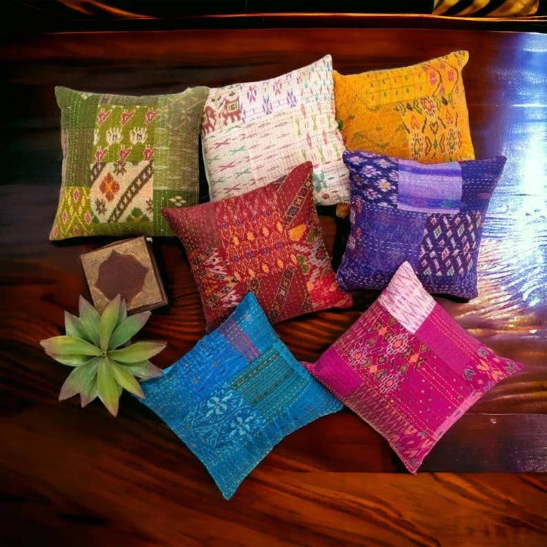Bhawana Handicrafts - Wholesale Throw Pillow Cover - 5 Pcs Lot Multicolour Patola Silk Saree Kantha Cushion Cover0