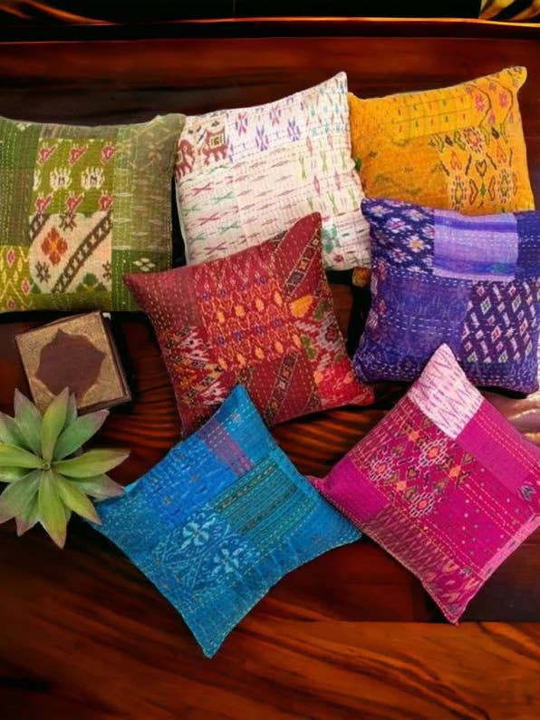 5 Pcs Lot Multicolour Patola Silk Saree Kantha Cushion Cover for wholesale by Bhawana Handicrafts