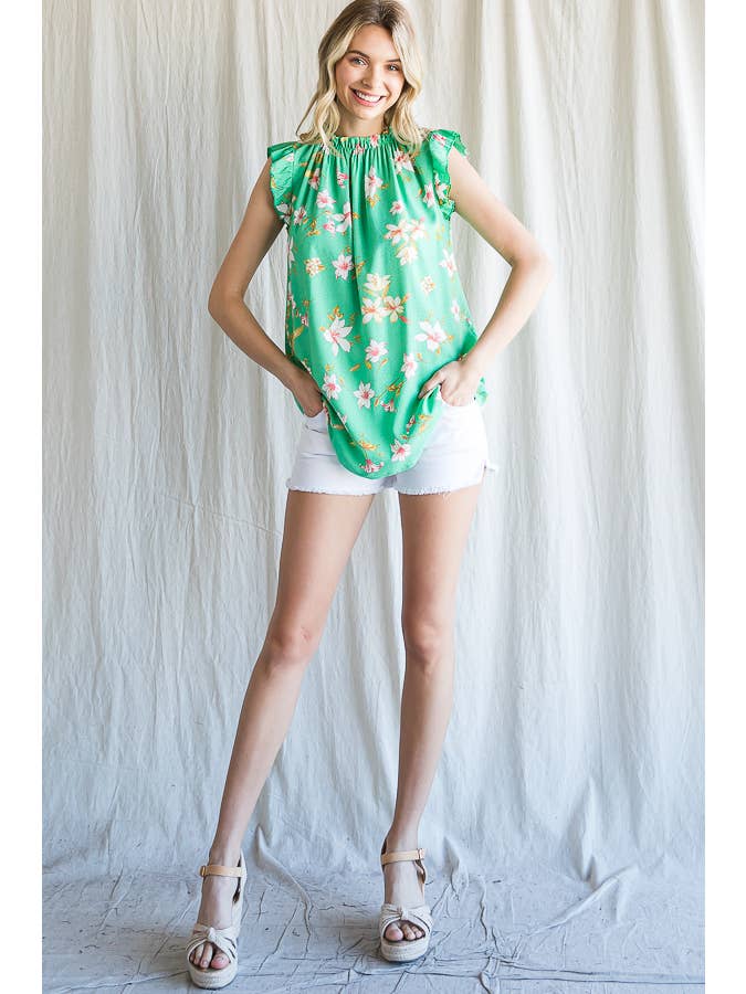 7th Ray - Wholesale Blouse - Women's - Boho Floral Ruffle Sleeve Shirred Neckline Blouse T479312