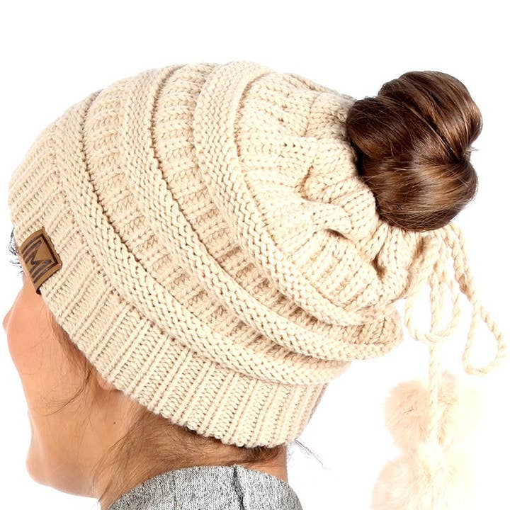 Fashion City - Wholesale Beanie – Women's - Women's Ponytail Adjustable Pom String Knit Hat16