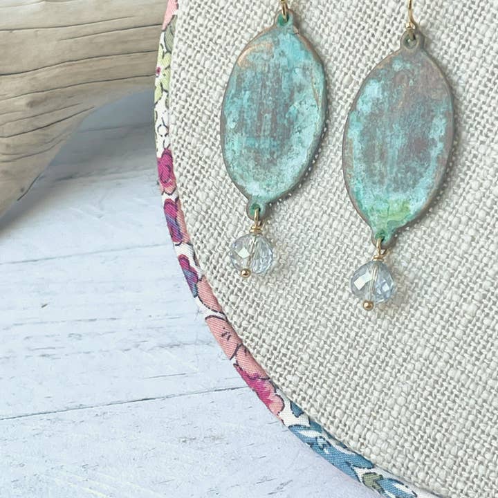 Rage Gems & Jewelry - Wholesale Dangle Earrings - Verdigris Patina Oval Earrings with Crystal Drop2
