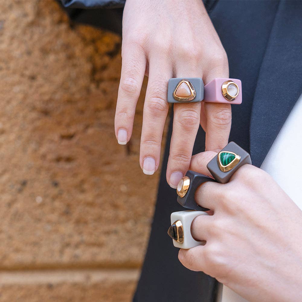 ÉMOLO - Wholesale Cocktail/Statement Ring - Large brown ring with malachite1