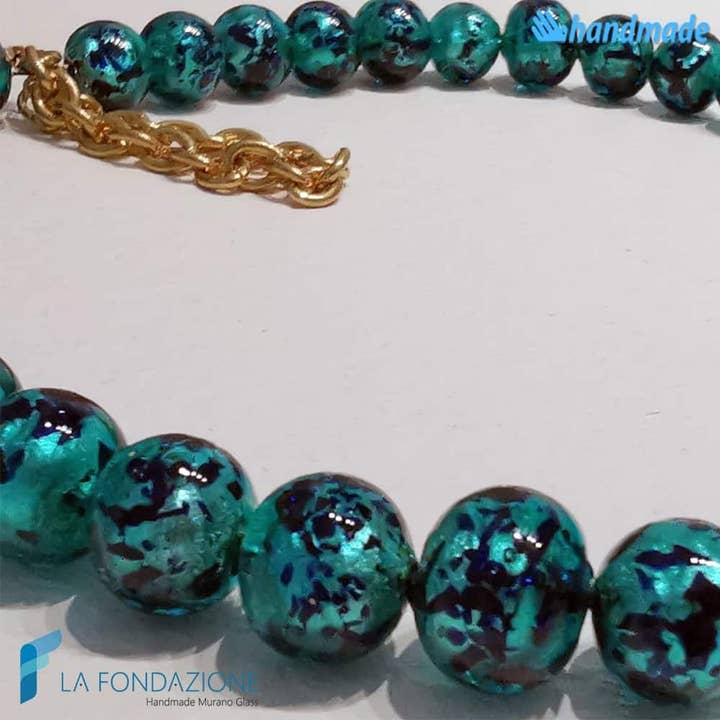 La Fondazione - Handmade Murano Glass - Wholesale Beaded/Pearl Necklace - Murano glass teal maculé pearl necklace2