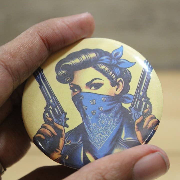 Badass Woman blue bandanna metal backed button 2.25 inches for wholesale by Raven Design
