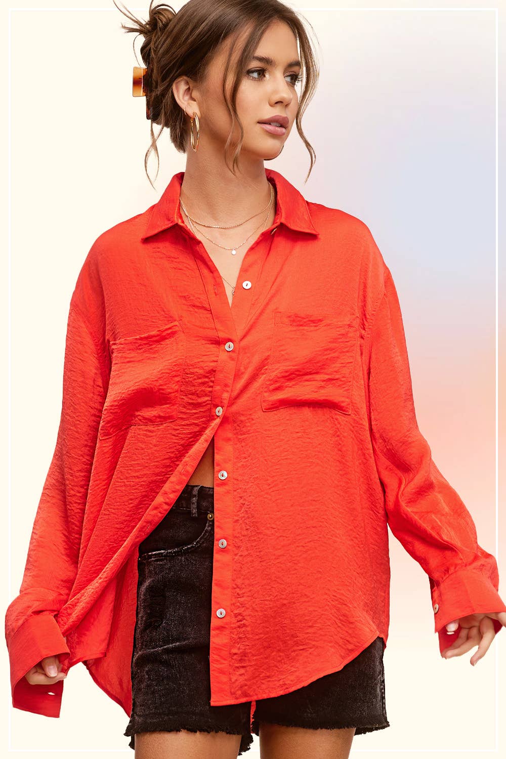 La Miel - Wholesale Button Down Shirt - Women's - SRT7452-Silky and Flowy Button Down Long Sleeve Shirts3