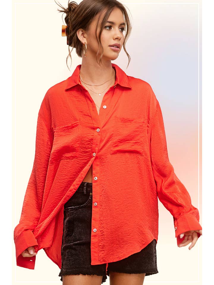 La Miel - Wholesale Button Down Shirt - Women's - SRT7452-Silky and Flowy Button Down Long Sleeve Shirts3