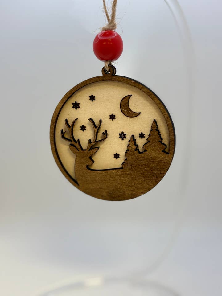 Layered “Deer in the Woods” Ornament for wholesale by Chickadee Woods Designs, LLC