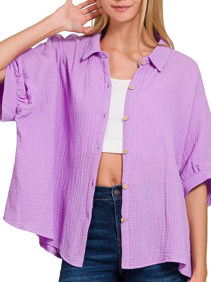 Chemise boutonnée à manches 3/4 en double gaze pour la vente par Vanilla Monkey