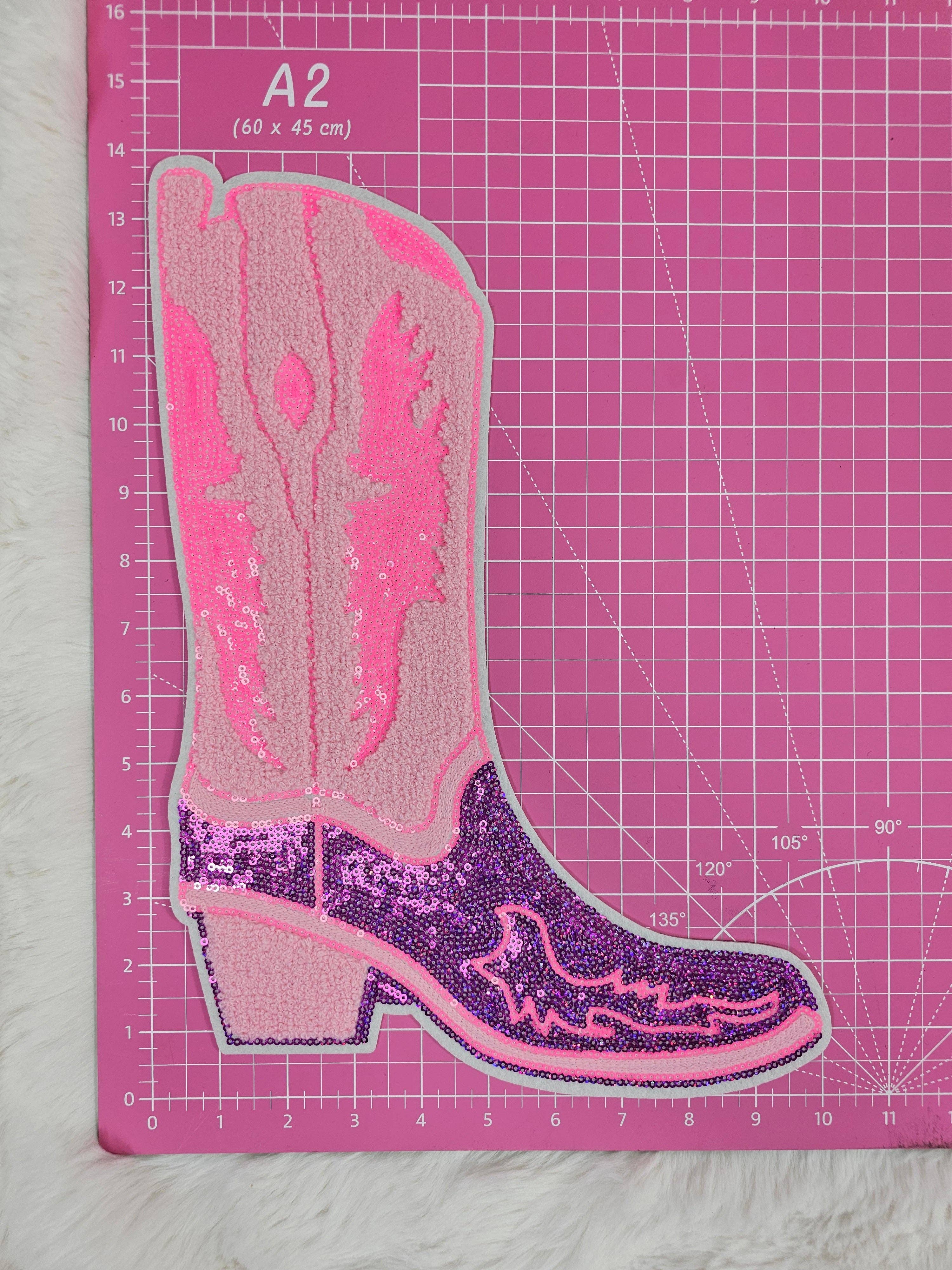 Scratch Decor - Wholesale Patch - Cowgirl Boot Large Pink Chenille Purple & Hot Pink Sequin Ir2