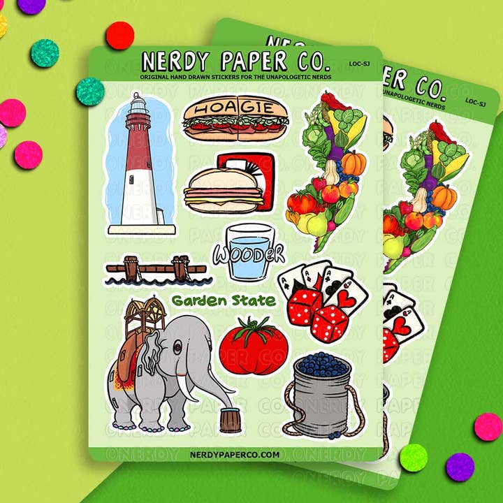 NERDY PAPER CO. - Wholesale Sticker - Destinations: South Jersey  | Hand Drawn Vinyl Sticker Sheet | LOC-SJ0