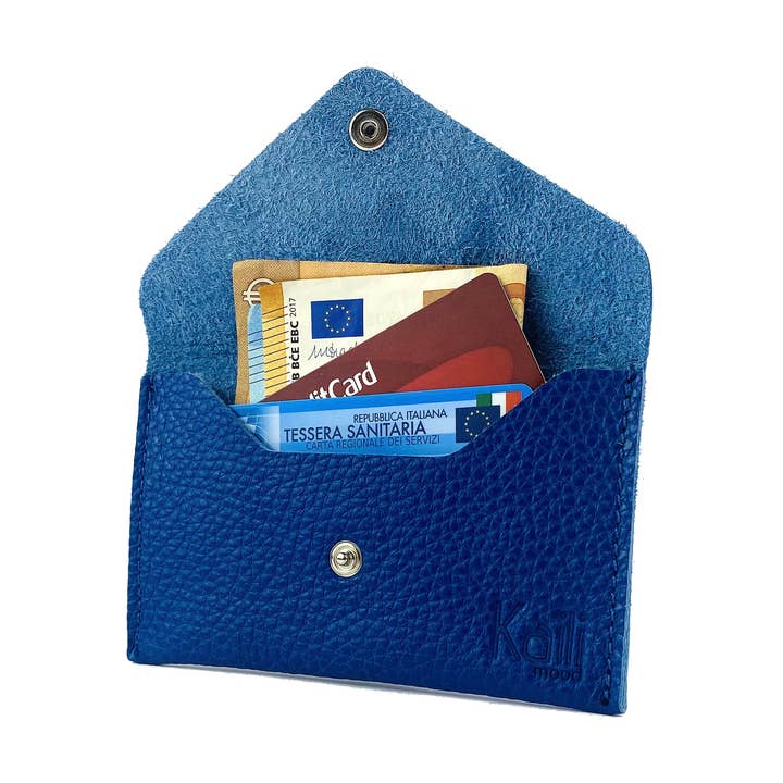 K0040DB | Made in Italy full grain genuine leather pouch with flap, dollar grain - Color Blue - Dimensions: cm 13 x 8 x 0.5 - Packaging: Hard gift box bottom/lid for wholesale by Kaili mood / RENATO BORZATTA - Italy since 1978 -