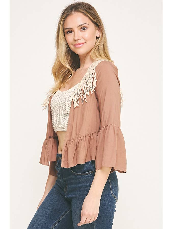 Sunday Morning - Wholesale Cardigan - Women's - J5036L16/CROCHET FRINGE THREE QUARTER SLEEVECARDIGAN10
