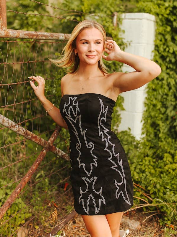 Black Stretch Suede Embroidered BootStitch Tie Up Back Dress for wholesale by LUCKY & BLESSED