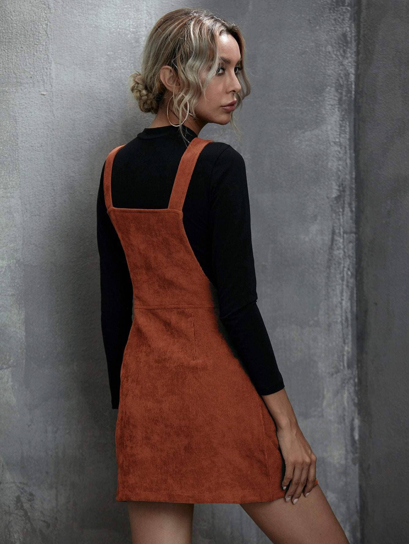 Queen Fashion - Wholesale Blouse - Women's - corduroy o ring zipper mini overall dress4