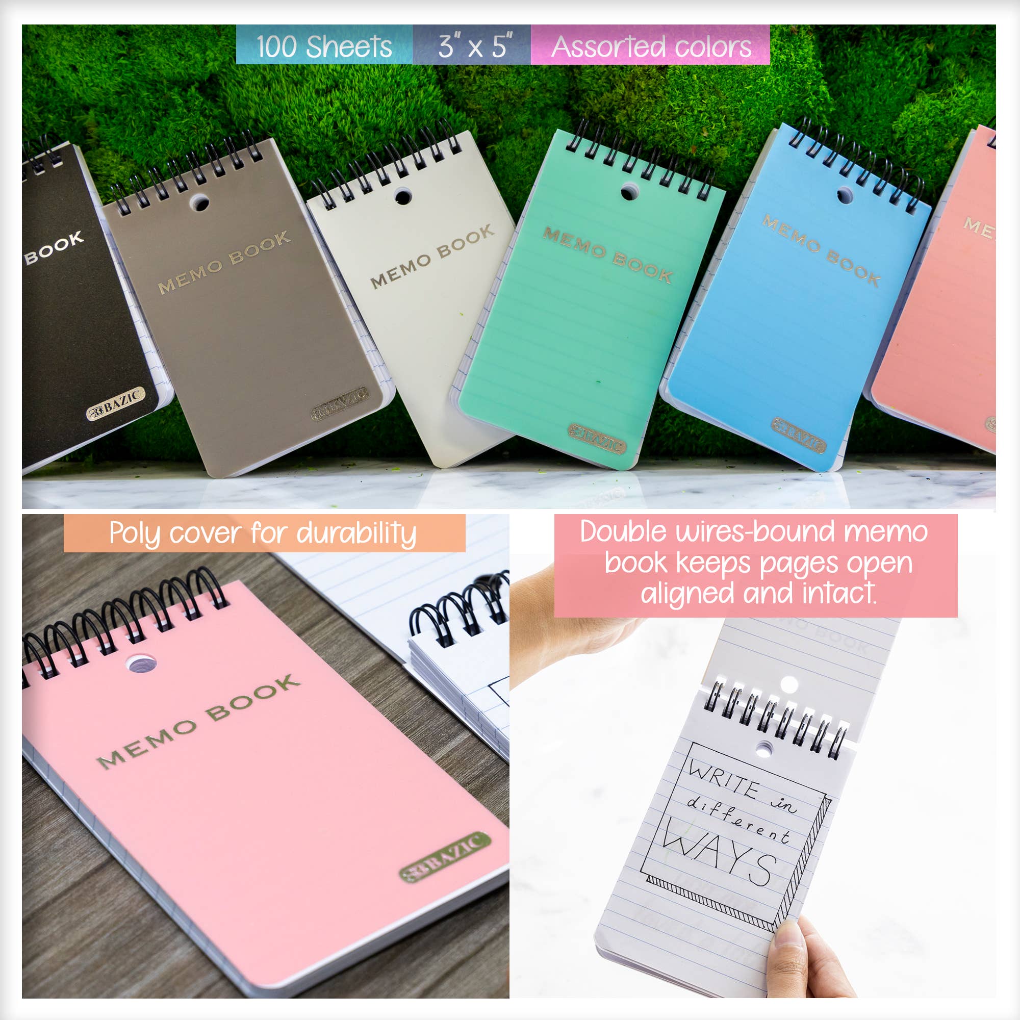 BAZIC Products - Wholesale Notepad - Memo Books Poly Cover Top Bound Spiral 3" X 5" 100 Ct.2