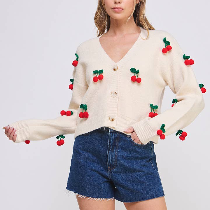 3D Cherry Button Front Cardigan for wholesale by Allie Rose