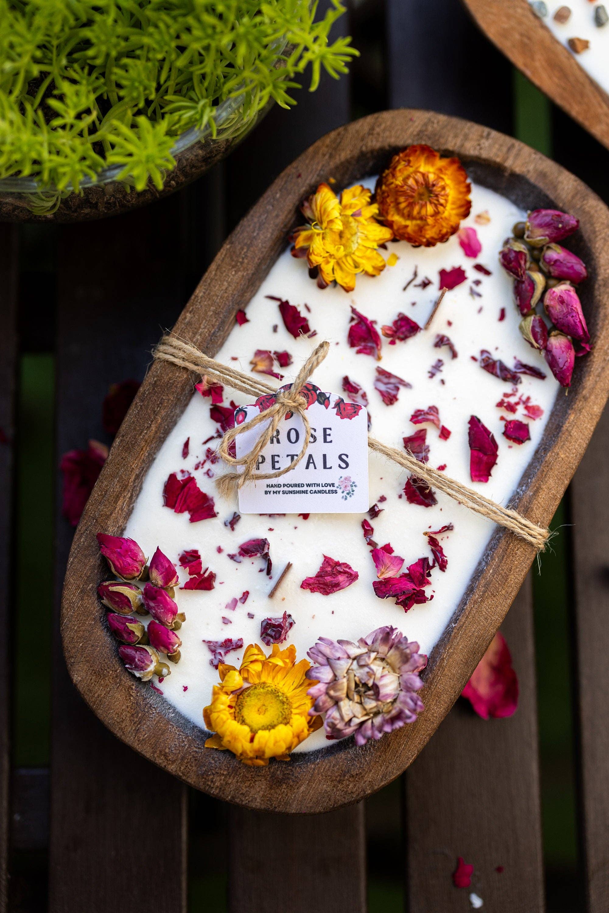 MySunshineCandless - Wholesale Pot/gevulde kaars - Dough Bowl-kaars met houten lont en sojawas | Rozenblaadjes en rozentuin geur | Boerderijstijl | 3 houten lonten | Zomerse geuren6