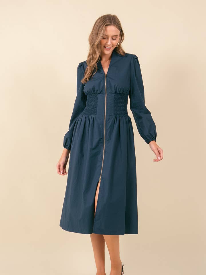 Doe and Rae - Wholesale Dress - Women's - Cotton Poplin Smocked Waist Zip-Front Midi Dress - 27861D