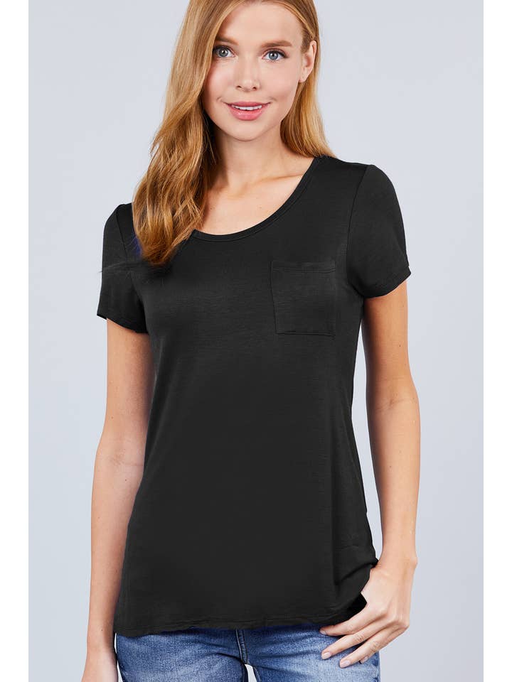 42POPS - Wholesale T-Shirt - Women's - ",._ Chest Pocket Slim Scoop Neck Tee