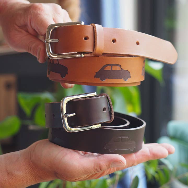 Leather belt engraved with classic cars for wholesale by Stabo