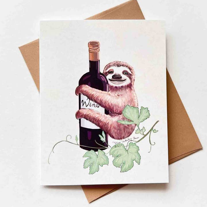 Carte de vœux paresseux sur bouteille de vin pour la vente par True North Creations