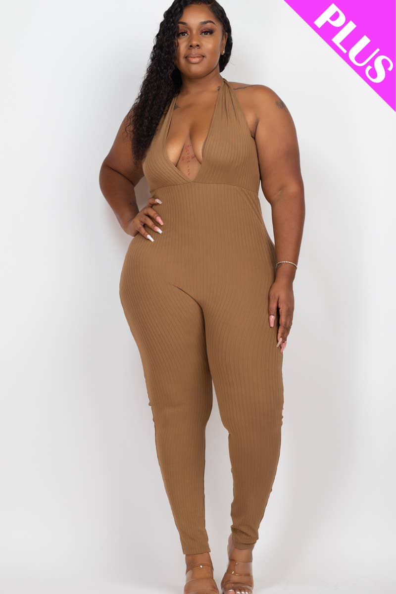 CAPELLA APPAREL - Wholesale Jumpsuit - Women's - Plus Size Halter V Neck Ribbed Bodycon Jumpsuit13