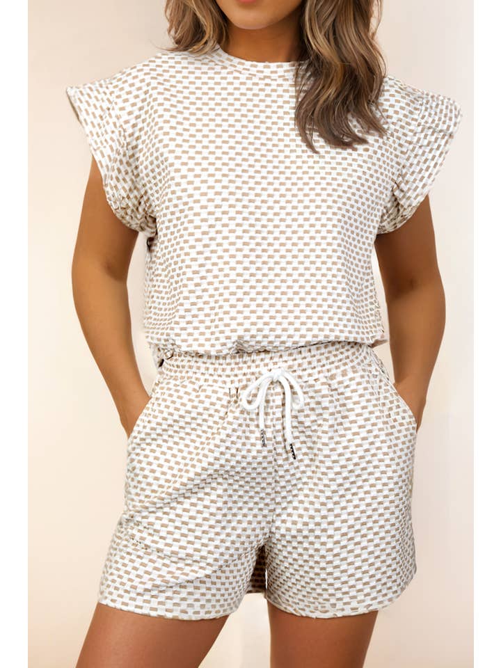 Beige Textured Ruffled Cap Sleeve Top Shorts Set for wholesale on Faire